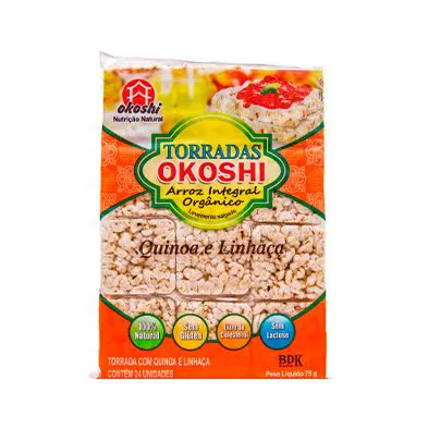 Torrada de Arroz Integral Orgânico Sabor Quinoa e Linhaça - 75 grs Okoshi